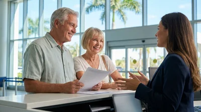 Happy senior couple driving a car rental along a sunny coastal highway with palm trees in Florida