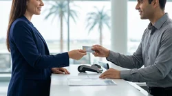 A customer handing a credit card to a staff member at a car hire desk in Orlando