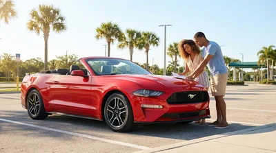 Passengers sitting in a white car rental driving down a sunny Florida highway lined with palm trees