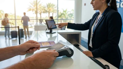 Close up of a person handing a credit card to a car hire agent at a counter in Florida
