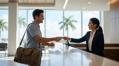 Person holding a credit card while leaning against a white car rental in Miami