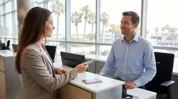 Person handing a credit card to an agent at a Los Angeles car hire counter
