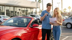 Young adult driving a red convertible car rental along a sunny palm tree-lined street in Los Angeles