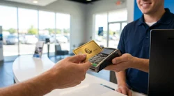 Person handing a credit card to an employee at a car hire desk in the United States