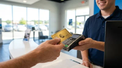 Person handing a credit card to an employee at a car hire desk in the United States