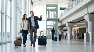 Traveler walking with luggage toward an indoor car rental counter at a New York airport terminal