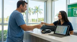 Customer receiving keys from a staff member at a Florida car rental counter