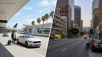 Traveler putting luggage into a car rental outside a Los Angeles airport terminal
