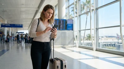 Traveler with a suitcase standing outside a Los Angeles airport terminal waiting for a car rental shuttle