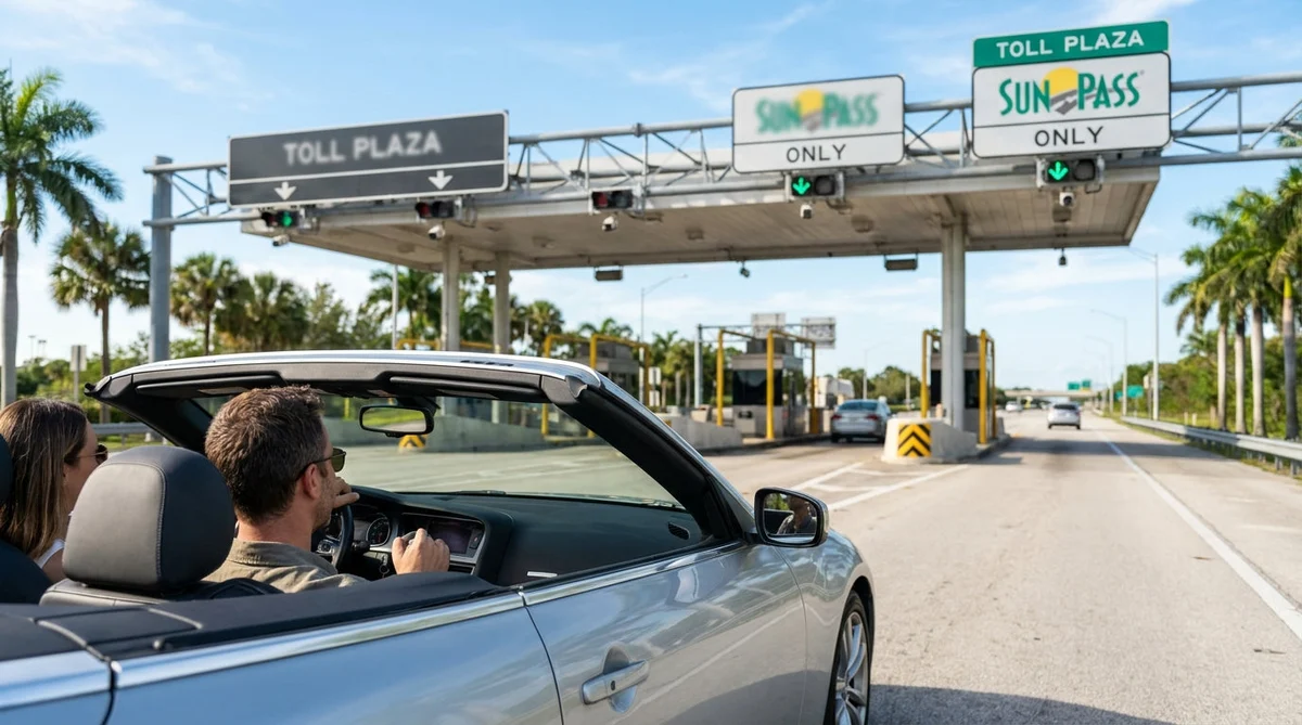 Silver car hire driving under an electronic toll gantry on a sunny highway in Florida