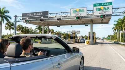 Silver car hire driving under an electronic toll gantry on a sunny highway in Florida