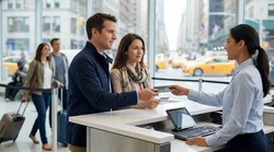 Close-up of a traveler handing a passport to an agent at a New York car rental desk