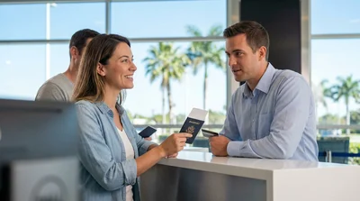 Close-up of a person handing a passport to an agent at a Florida car rental counter