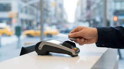Person holding a credit card at a car rental counter with a busy New York street visible through the window