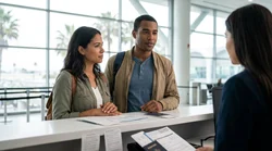 Customer handing travel documents to an agent at a car hire counter in San Francisco