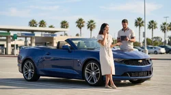 Woman opening the door of a white car rental parked on a sunny coastal highway in California