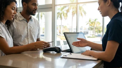 Person holding a credit card next to a white SUV at a car hire lot in sunny Miami