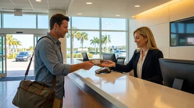 Close-up of a person handing a physical credit card to an agent at a car hire desk in Florida