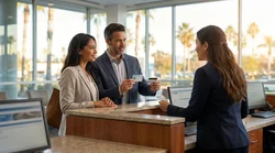 Two customers showing a driver's license to an agent at a California car rental desk