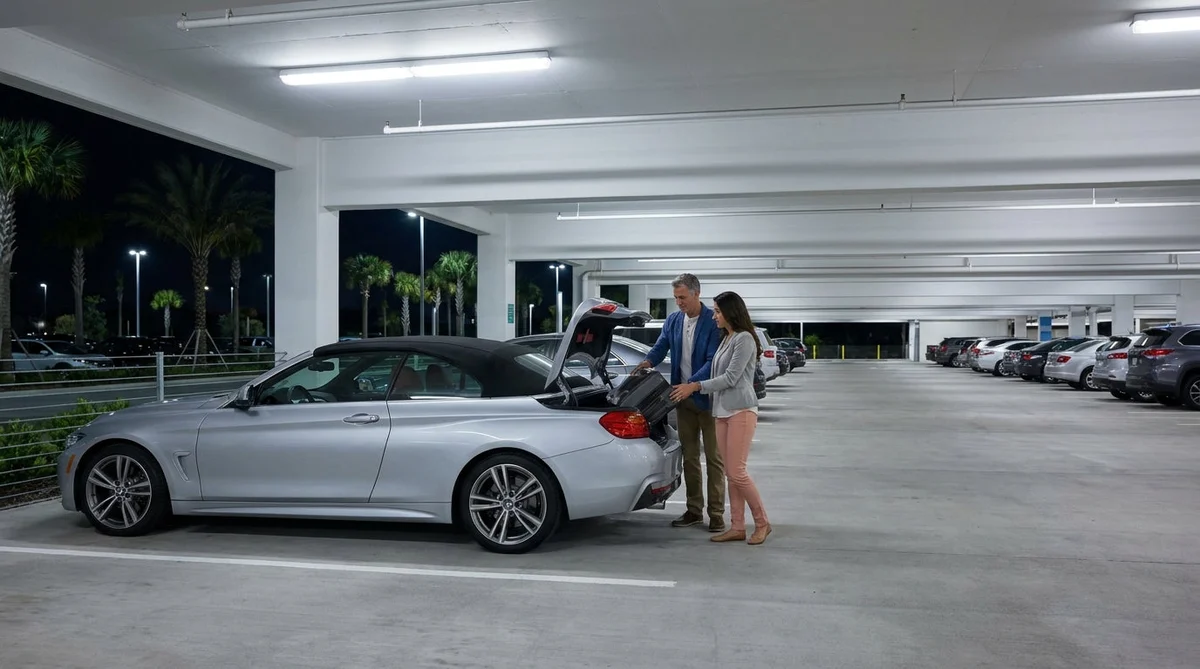 Traveler receiving keys at a brightly lit car hire desk inside Orlando airport at night