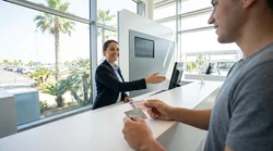 Close-up of a person holding a driving license at a car rental counter in sunny Florida