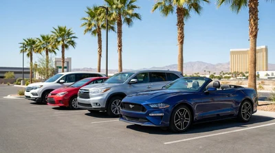 Row of modern vehicles parked at a Las Vegas car rental lot under a sunny blue sky