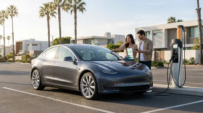 Driver plugging a cable into a white electric car rental at a Los Angeles charging station