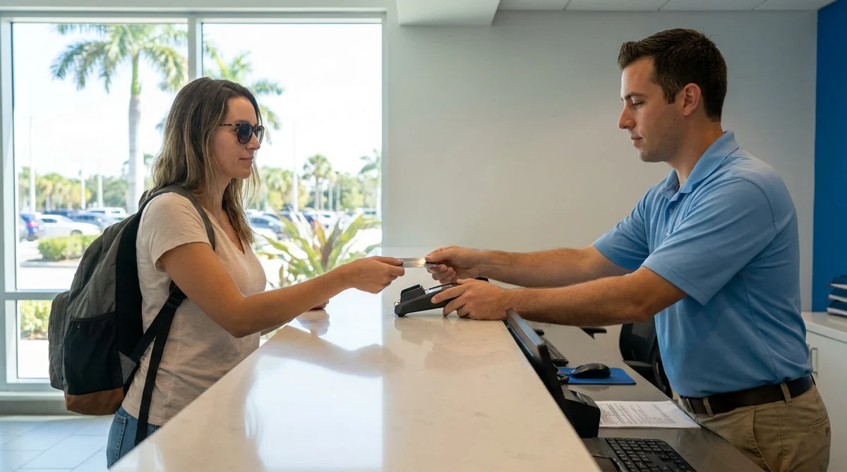 Person handing a credit card to a customer service agent at a Florida car rental desk