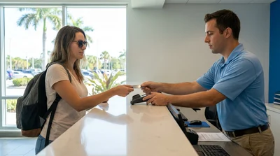 Person handing a credit card to a customer service agent at a Florida car rental desk