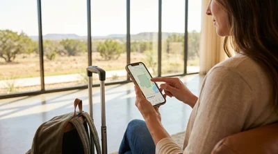 Person looking at a smartphone map standing next to a car hire on a sunny Texas road