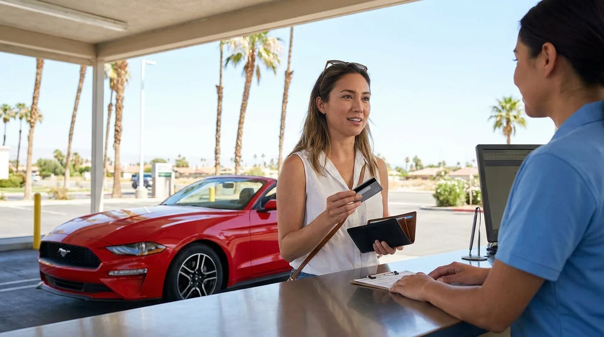 Close-up of a person handing a credit card to a clerk at a California car rental counter