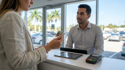 Customer presenting a scratched driver's license at a car rental counter in Miami