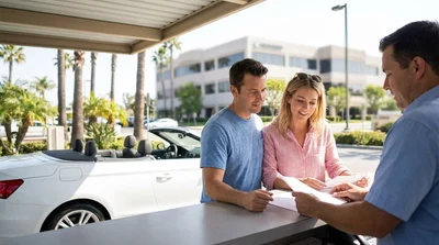 A parked car rental overlooking the ocean on a sunny coastal road in California
