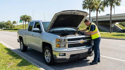 Tow truck loading a broken down car hire on the side of a sunny road in Orlando