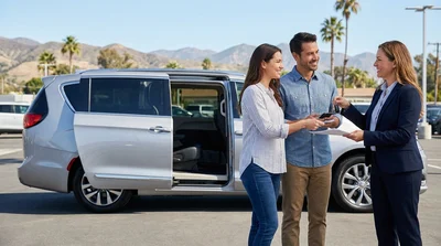 Driver talking on a mobile phone next to a parked car rental on the shoulder of a sunny California highway