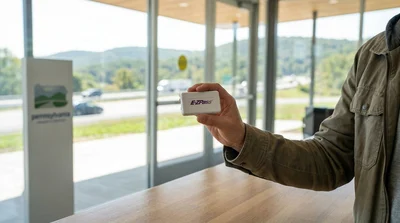 White car rental driving through an electronic E-ZPass toll plaza on a highway in Pennsylvania