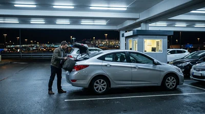 Traveler with luggage at a brightly lit car rental counter inside a quiet Pennsylvania airport at night