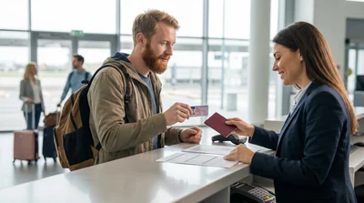 Person exchanging documents and keys at a car rental counter in Pennsylvania