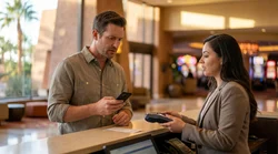Customer presenting a credit card at a car hire desk in Las Vegas