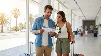 Traveler with luggage checking a smartphone outside an off-airport car rental facility in Miami