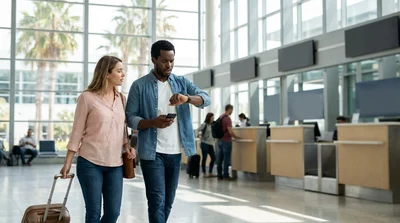 Customer receiving car keys at a car rental desk inside Orlando Airport
