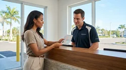 Traveler handing a passport to an agent at a car rental desk in Miami
