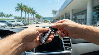 Hand holding a car rental key fob next to a parked vehicle on a sunny street in Miami