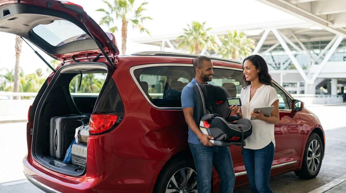 Family loading luggage into a white SUV at a car rental lot in Orlando