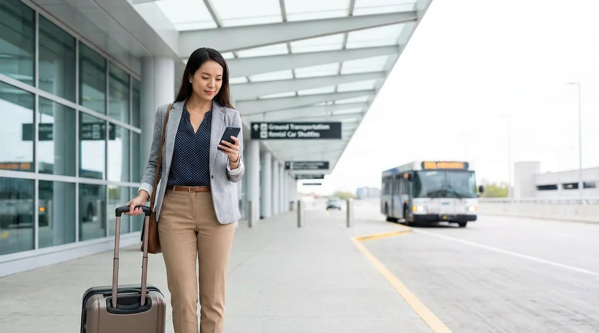 Travelers with luggage walking past a row of vehicles at the PHL airport car rental center in Pennsylvania
