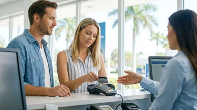Person handing a credit card to a car rental agent at a counter in Florida