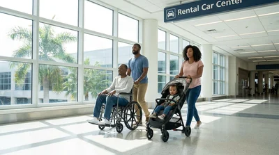Family pushing a pram through the bright Orlando airport terminal toward the car rental center