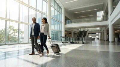 Travelers with luggage walking through the Brightline train terminal in Orlando toward the car rental desks