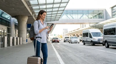 Traveler with luggage waiting at a car hire shuttle pick-up zone outside JFK Airport in New York