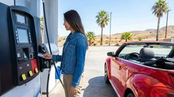 Person paying at a gas station pump next to a car rental in California